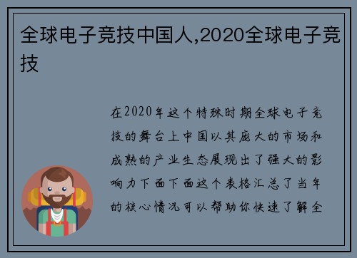 全球电子竞技中国人,2020全球电子竞技