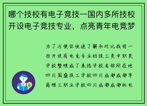 哪个技校有电子竞技—国内多所技校开设电子竞技专业，点亮青年电竞梦想